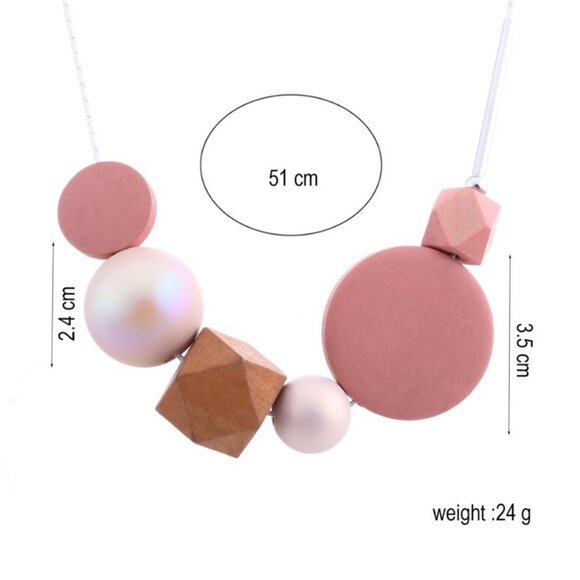 Statement bead beaded art necklace wood wooden jewelry fashion pink brown new - Picture 3 of 6